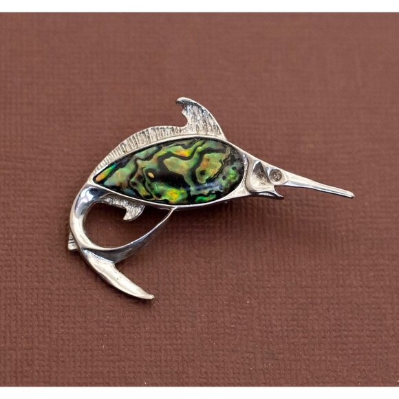 Vintage Swordfish Abstract Stone Brooch - U16 - Picture 1 of 2